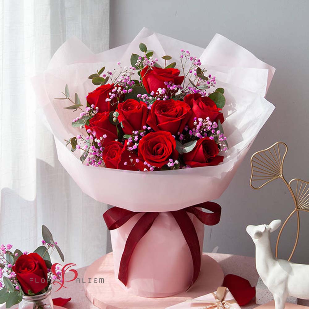 就愛你 卡羅拉玫瑰9枝、粉色滿天星1枝、尤加利5枝01